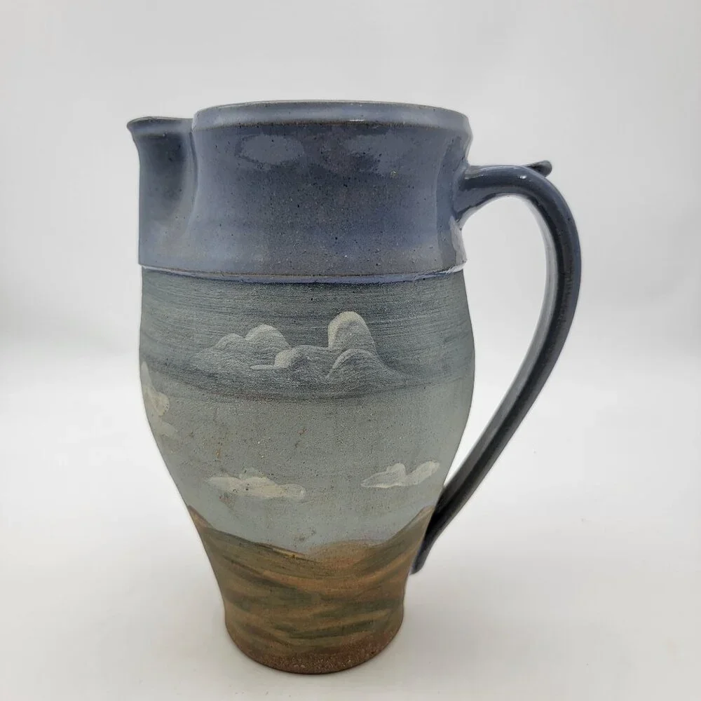 Vintage Handcrafted Pottery Pitcher With Scenic Landscape Design Signed G Tyson - Picture 1 of 8